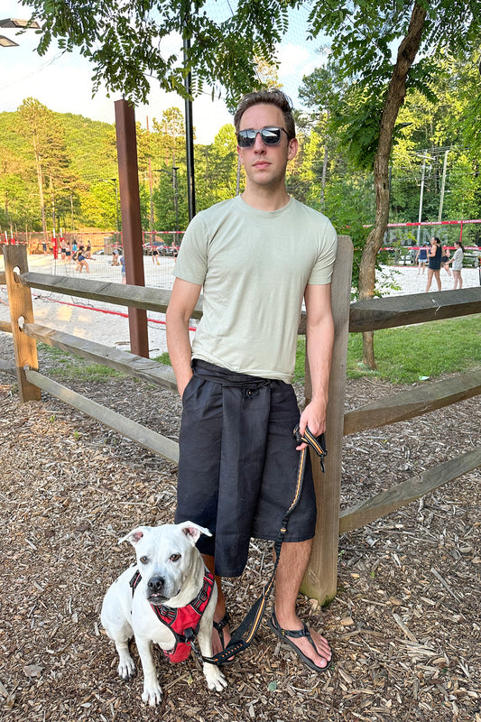 Short black linen sarong for men with deep pockets and sustainable design