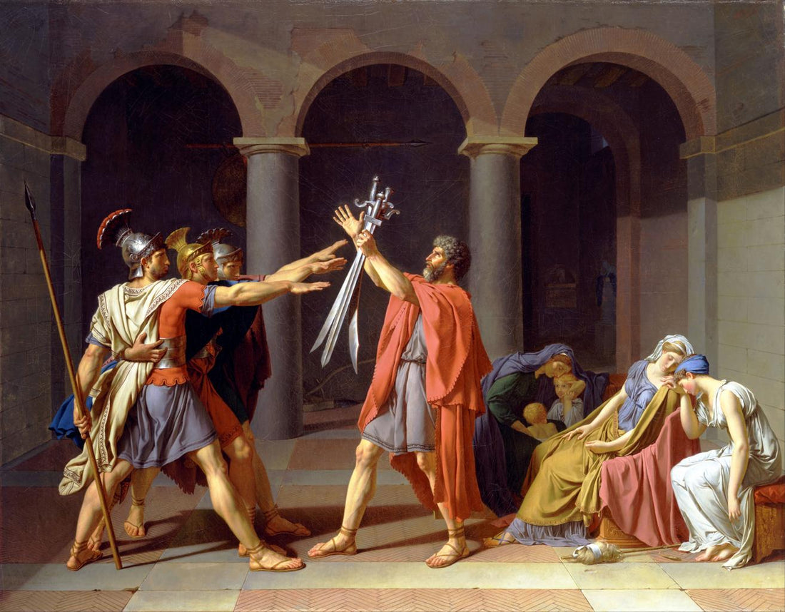 Jacques-Louis David, Oath of the Horatii, 1784, oil on canvas, 3.3 x 4.25 m, painted in Rome, exhibited at the salon of 1785 (Musée du Louvre, photo: Steven Zucker)